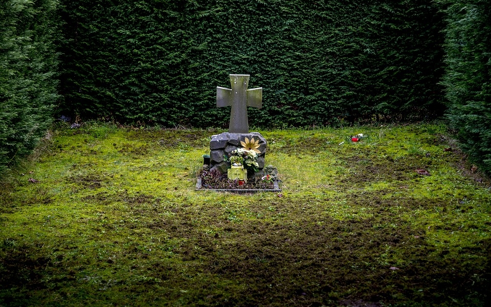 Grave with a cross with beautiful greenery